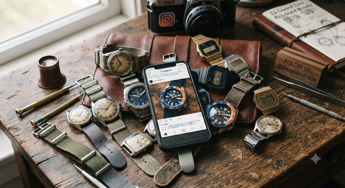 Pre-owned watch collection displayed on a flat surface representing the Instagram watch collecting community and social media's influence on horology — Bezel & Hide