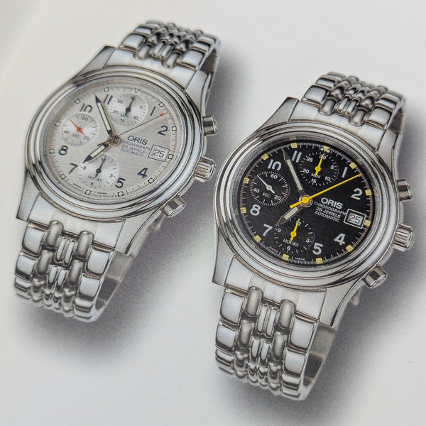 Close-up of a pre-owned chronograph watch showing pushers, subdials and case detail, illustrating the anatomy of mechanical and automatic chronograph movements — Bezel & Hide
