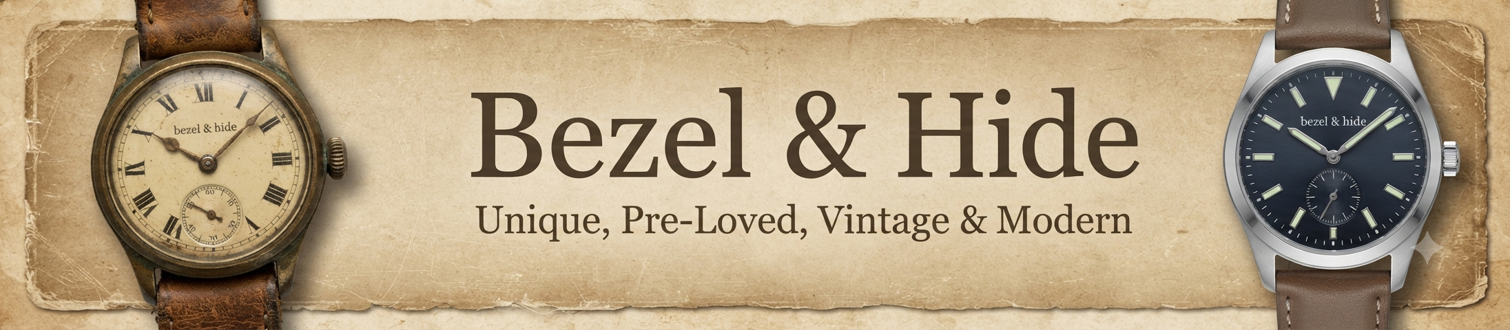 Promotional banner for watch bezel and hide services, featuring two watches on a textured beige parchment-style background with the text 'Bezel & Hide' and 'Unique, Pre-Loved, Vintage & Modern'.