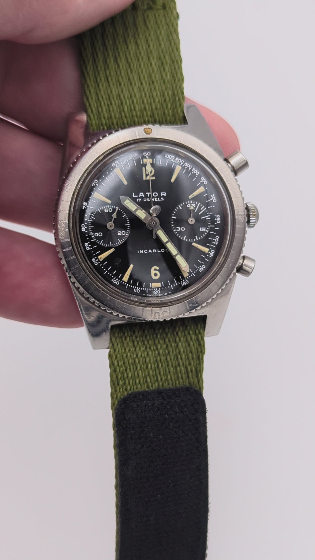 Lator Landeron Manual-Wind Chronograph | Black Dial & Olive Green Strap