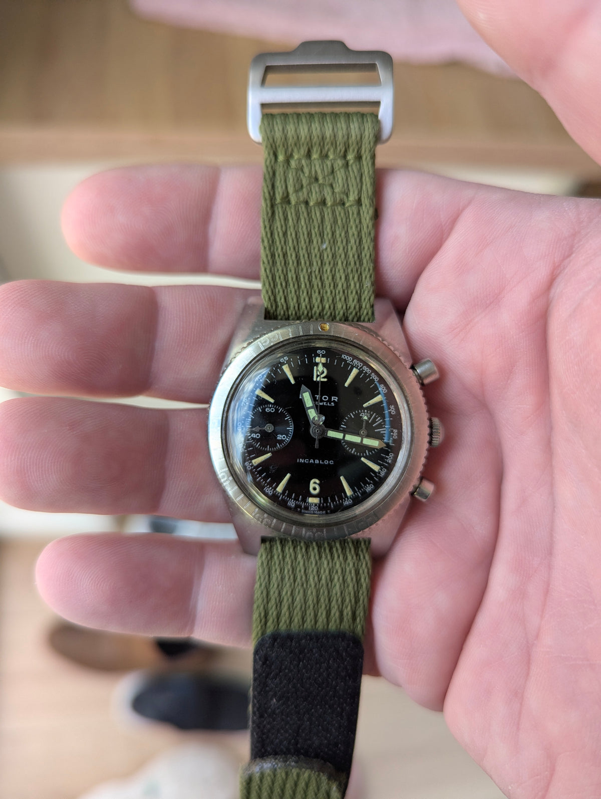 Lator Landeron Manual-Wind Chronograph | Black Dial & Olive Green Strap