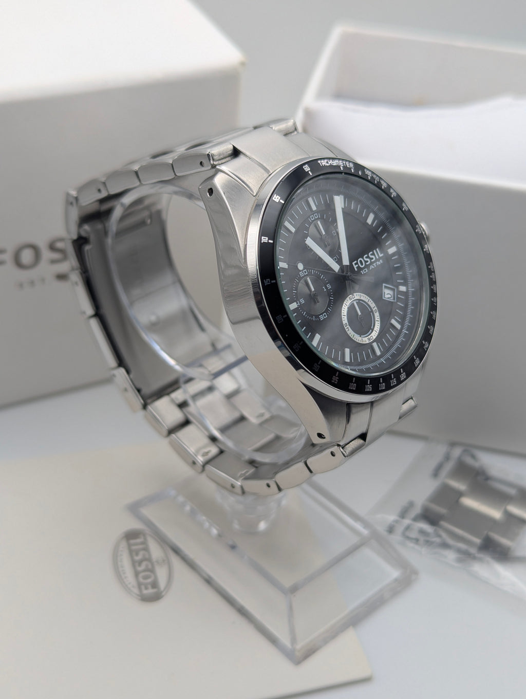 Fossil CH2600 Chronograph — Black Dial, Stainless Steel Bracelet, Box & Spare Links - Bezel & Hide