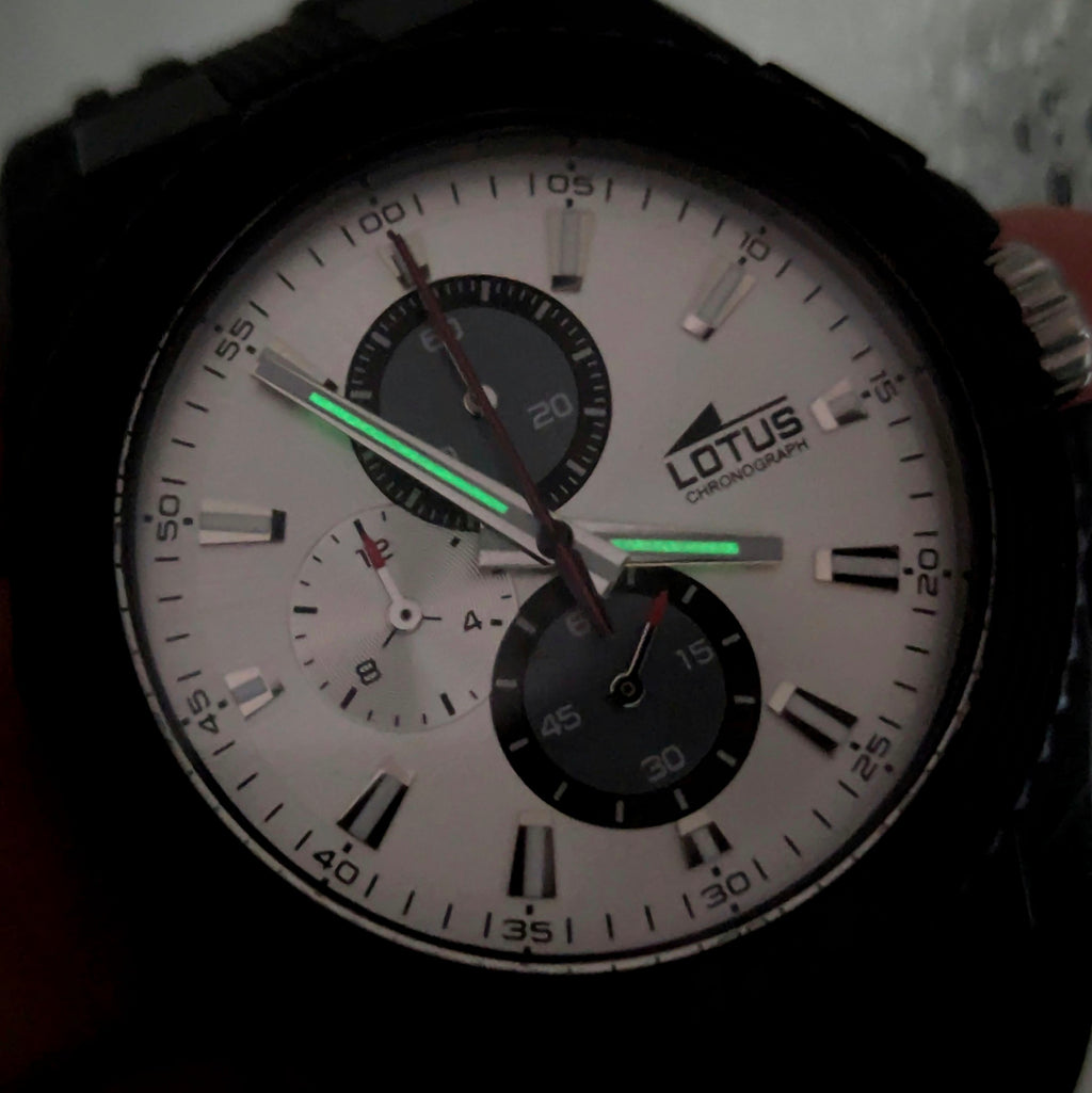 Lotus Chronograph Men's Quartz Watch — Black PVD, Silver Dial, Ref 15679, Sold Naked - Bezel & Hide