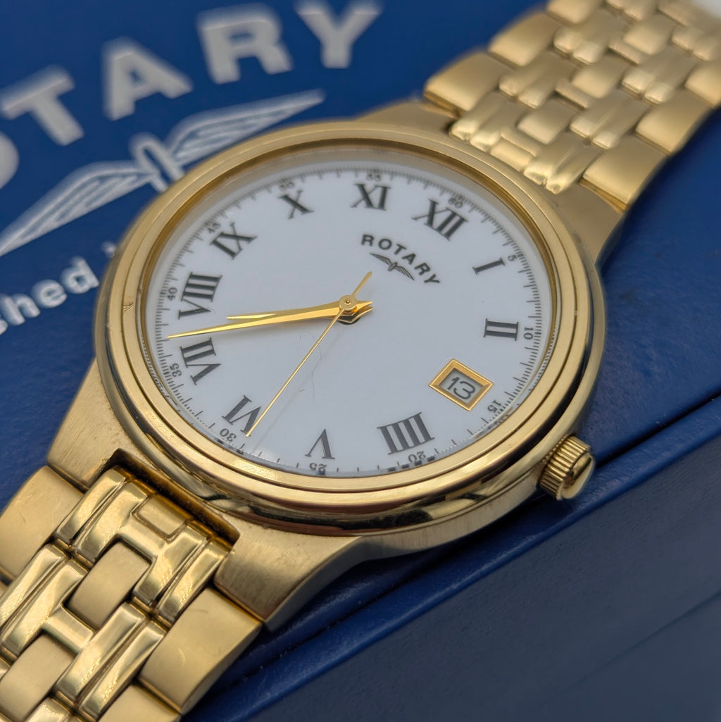 Rotary Gold-Plated Classic Quartz Watch — White Roman Dial, Full Set - Bezel & Hide