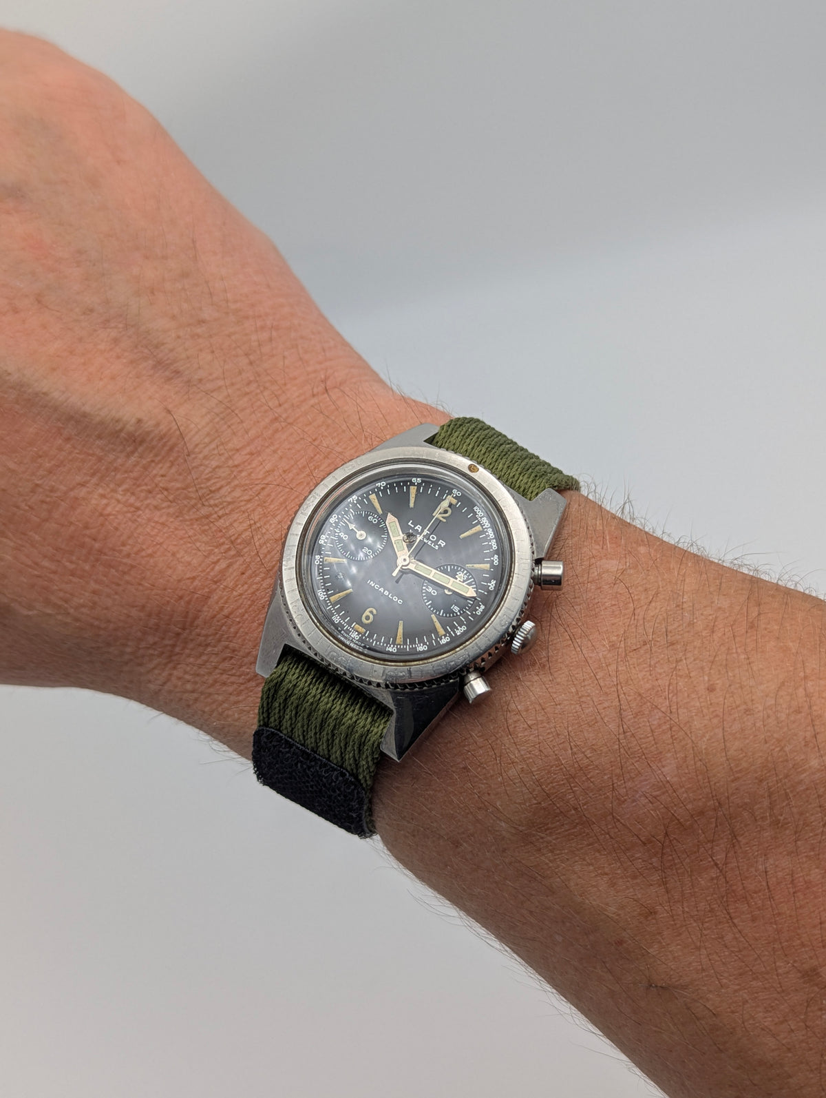 Lator Landeron Manual-Wind Chronograph | Black Dial & Olive Green Strap