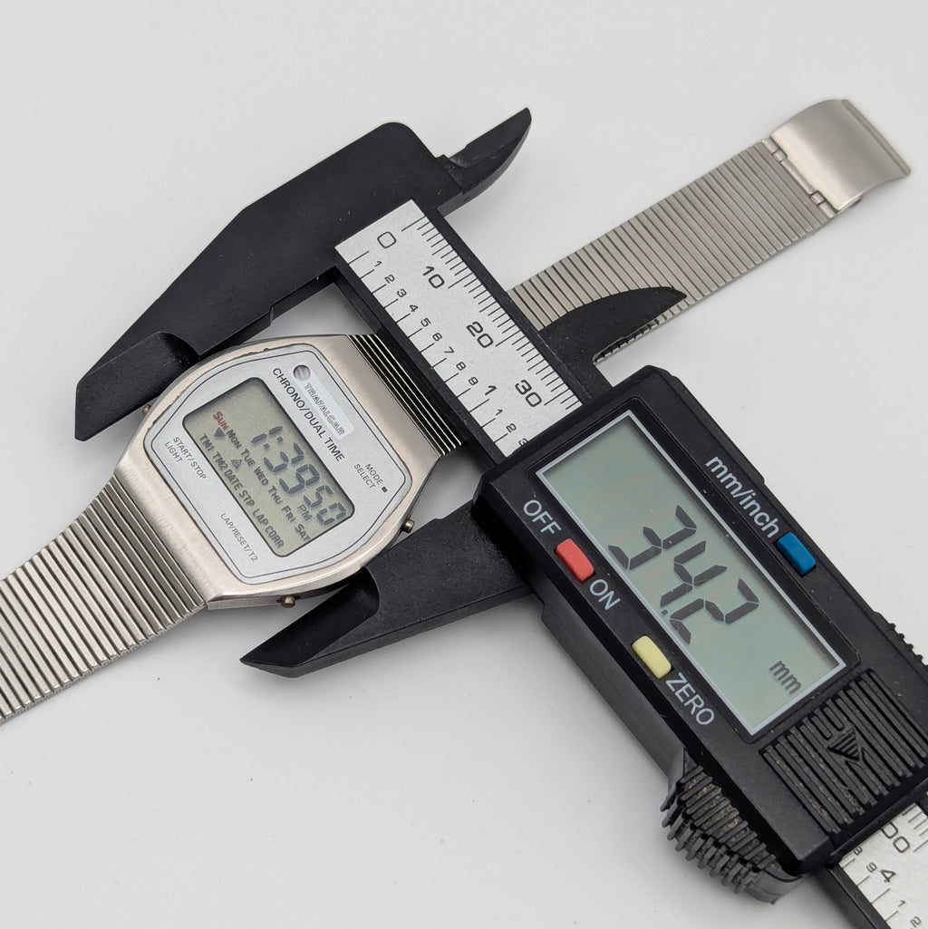 Trafalgar Chrono/Dual Time LCD Digital Watch — Vintage 1980s Silver-Tone on Integrated Bracelet, Sold Naked - Bezel & Hide