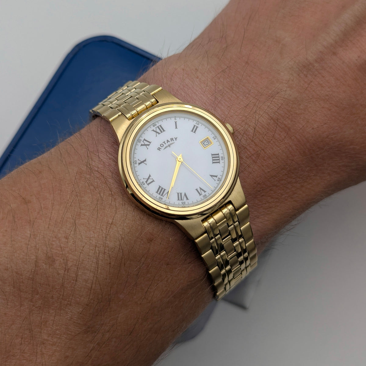 Rotary Gold-Plated Classic Quartz Watch — White Roman Dial, Full Set - Bezel & Hide