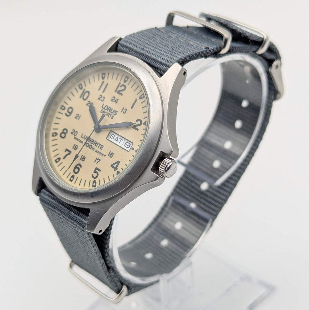 Lorus Sports Military Field Quartz Watch — Cream Lumibrite Dial, Day-Date, 100m WR, NATO Strap, Sold Naked - Bezel & Hide