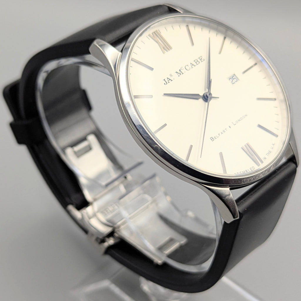 James McCabe London Slim JM-1016 Men's Watch — Silver, White Dial, Hirsch Rubber Strap - Bezel & Hide