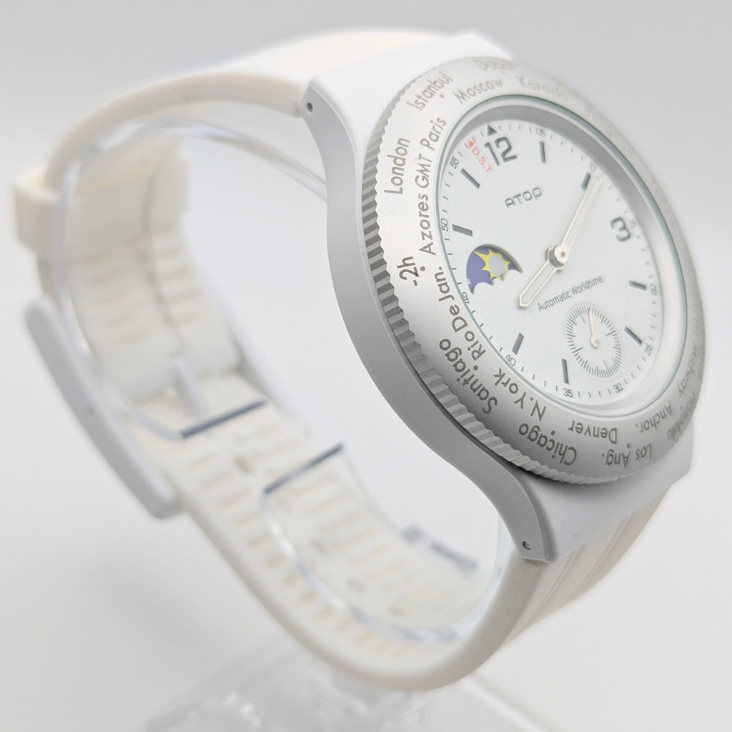 ATOP Automatic Worldtime Quartz Watch — White, Moon Phase, DST Indicator - Bezel & Hide