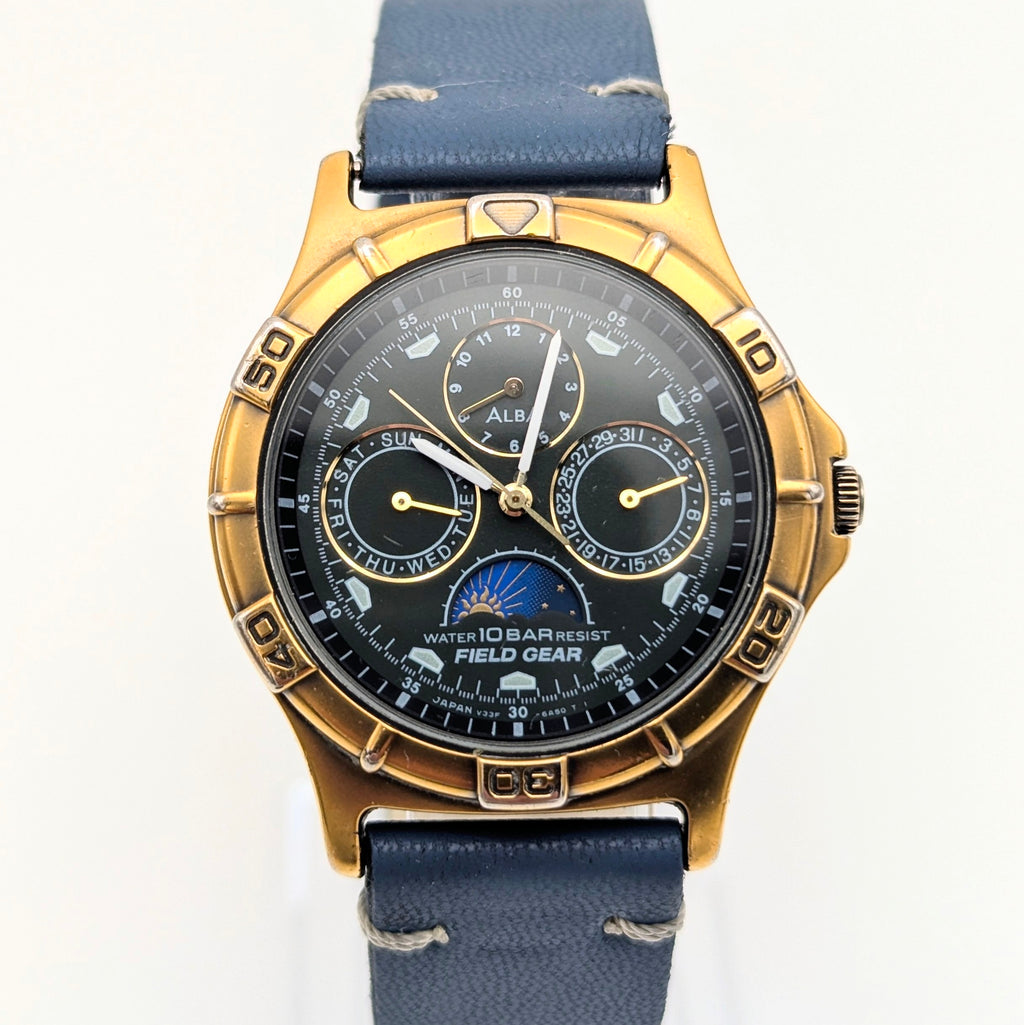 Alba Field Gear V33F-6A80 Triple Calendar Watch – Gold Tone, Dark Dial