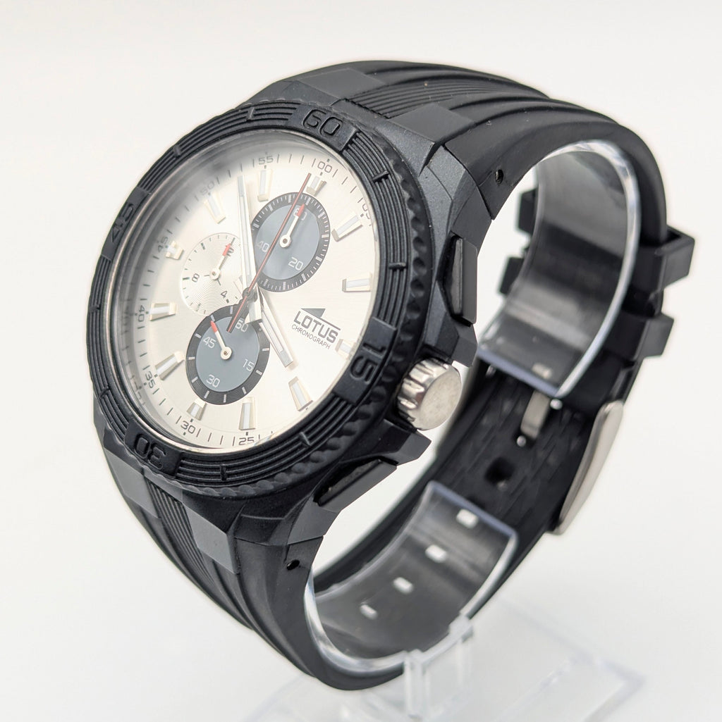 Lotus Chronograph Men's Quartz Watch — Black PVD, Silver Dial, Ref 15679, Sold Naked - Bezel & Hide