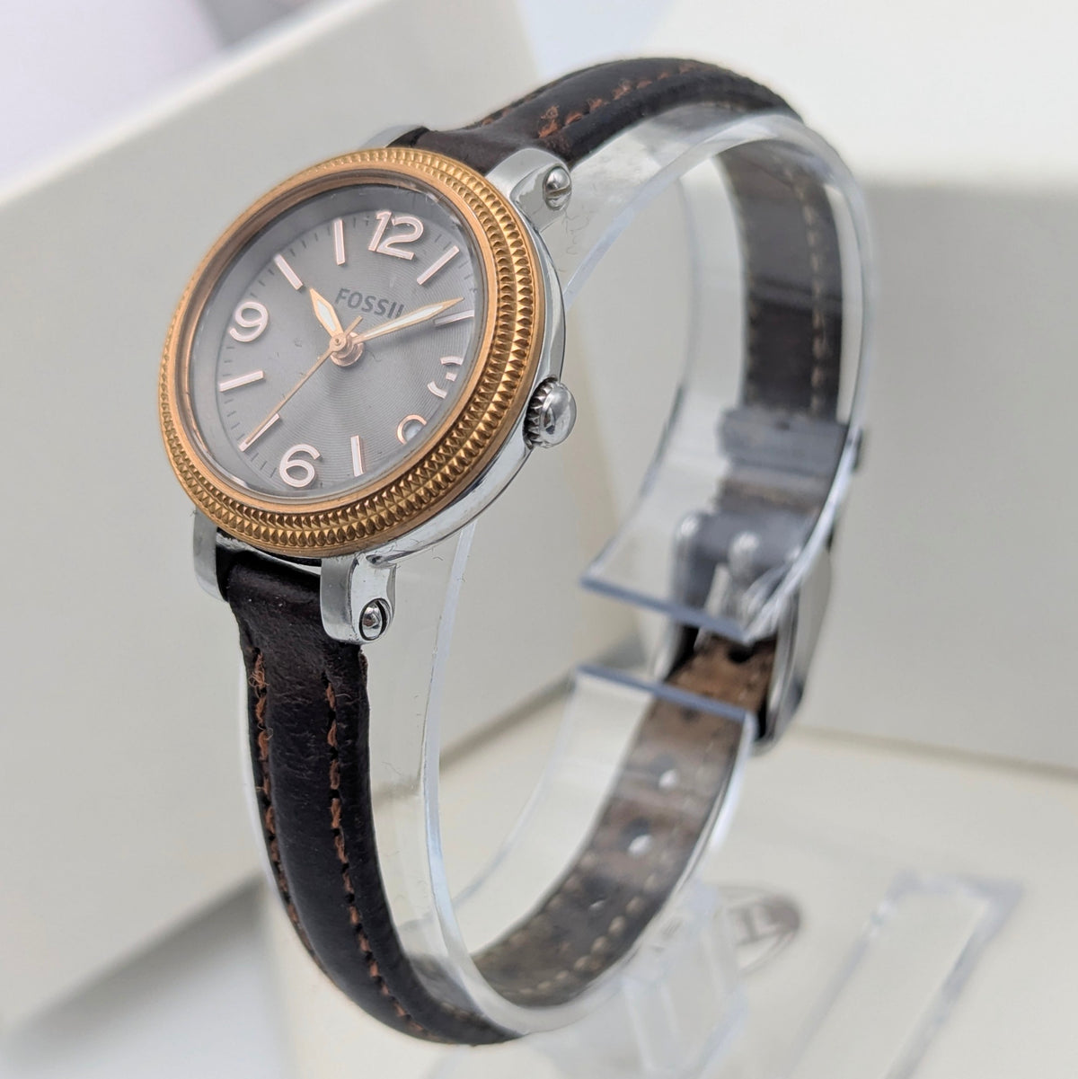 Fossil ES3138 Virginia Ladies' Watch — Rose Gold-Tone Bezel, Grey Dial, Brown Leather Strap - Bezel & Hide