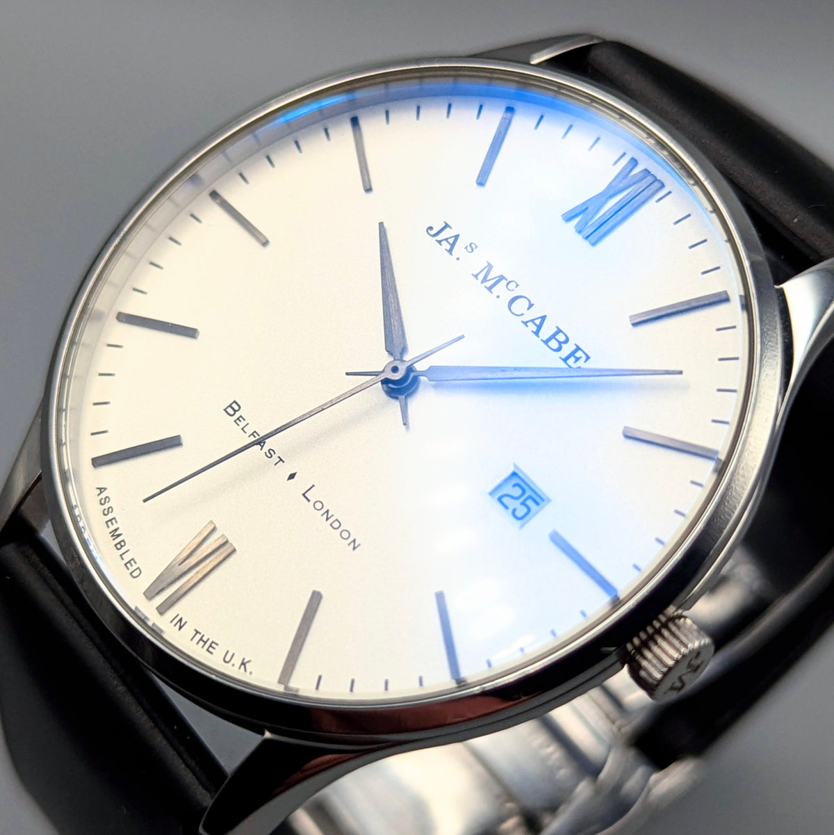 James McCabe London Slim JM-1016 Men's Watch — Silver, White Dial, Hirsch Rubber Strap - Bezel & Hide