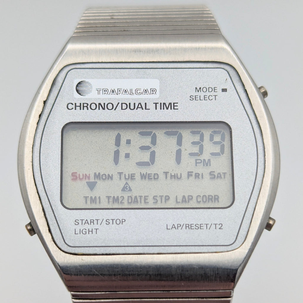 Trafalgar Chrono/Dual Time LCD Digital Watch — Vintage 1980s Silver-Tone on Integrated Bracelet, Sold Naked - Bezel & Hide