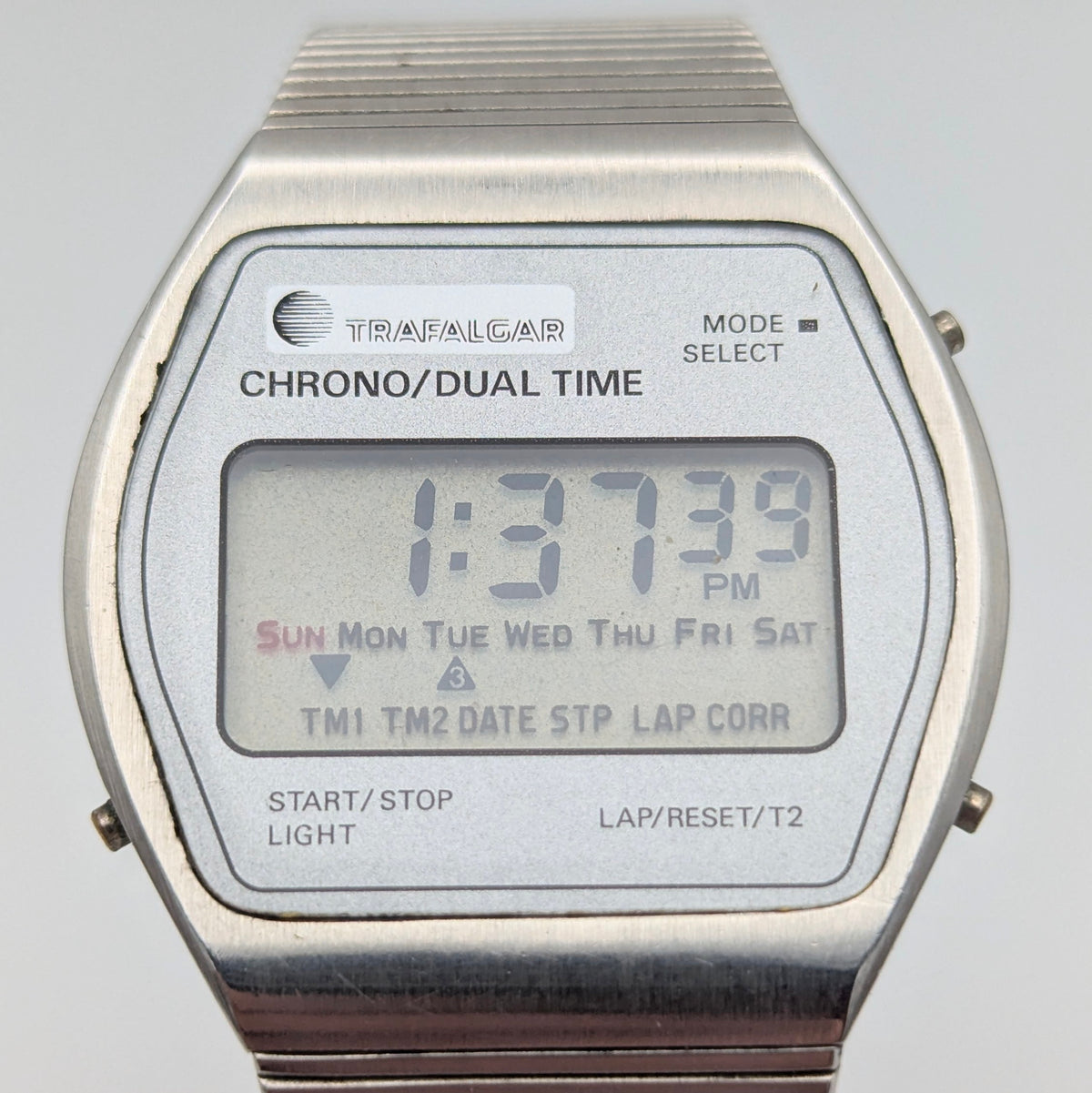 Trafalgar Chrono/Dual Time LCD Digital Watch — Vintage 1980s Silver-Tone on Integrated Bracelet, Sold Naked - Bezel & Hide
