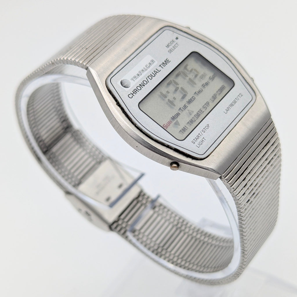 Trafalgar Chrono/Dual Time LCD Digital Watch — Vintage 1980s Silver-Tone on Integrated Bracelet, Sold Naked - Bezel & Hide