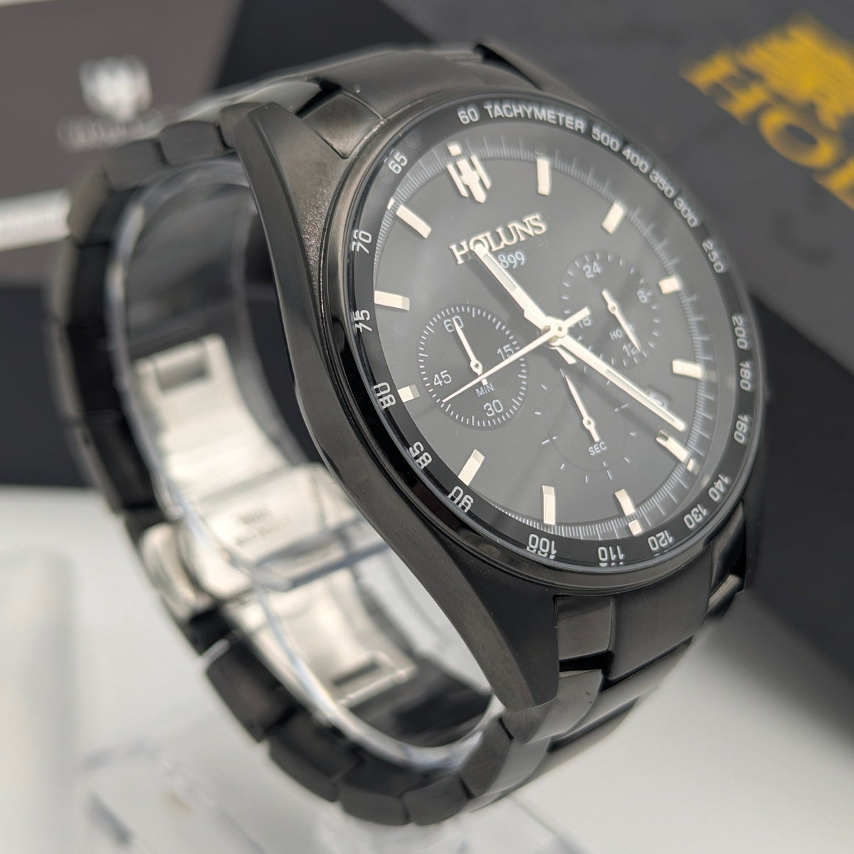 Holuns Men's Chronograph Watch — 51mm Black PVD, Grey Dial, Tachymeter, Boxed with Spare Links - Bezel & Hide