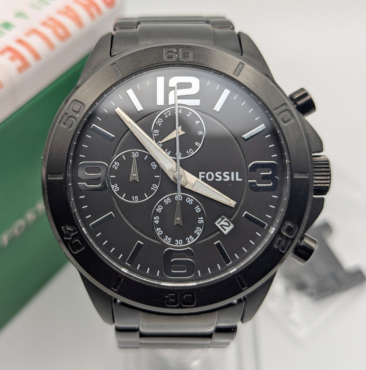 Fossil BQ2184 Quartz Chronograph — Black Dial, Gunmetal-Tone Bracelet, Tin & Spare Links - Bezel & Hide