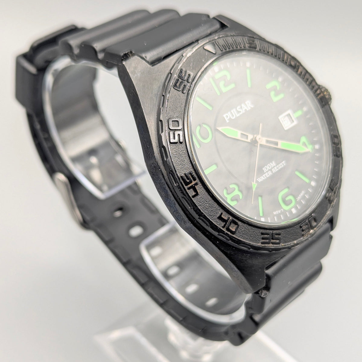 Pulsar YA12-X128 Sport Men's Watch — Black, Green Dial, 45mm, 100m - Bezel & Hide