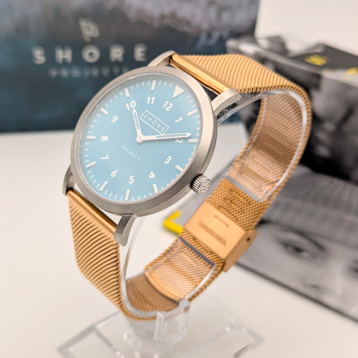 Shore Projects Ludlow — Ice Blue Dial, Gold-Tone Mesh, Quartz, With Box & Instructions - Bezel & Hide