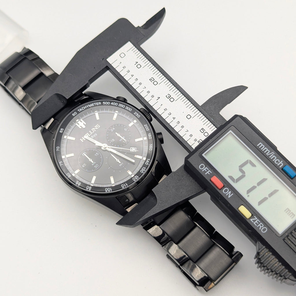 Holuns Men's Chronograph Watch — 51mm Black PVD, Grey Dial, Tachymeter, Boxed with Spare Links - Bezel & Hide