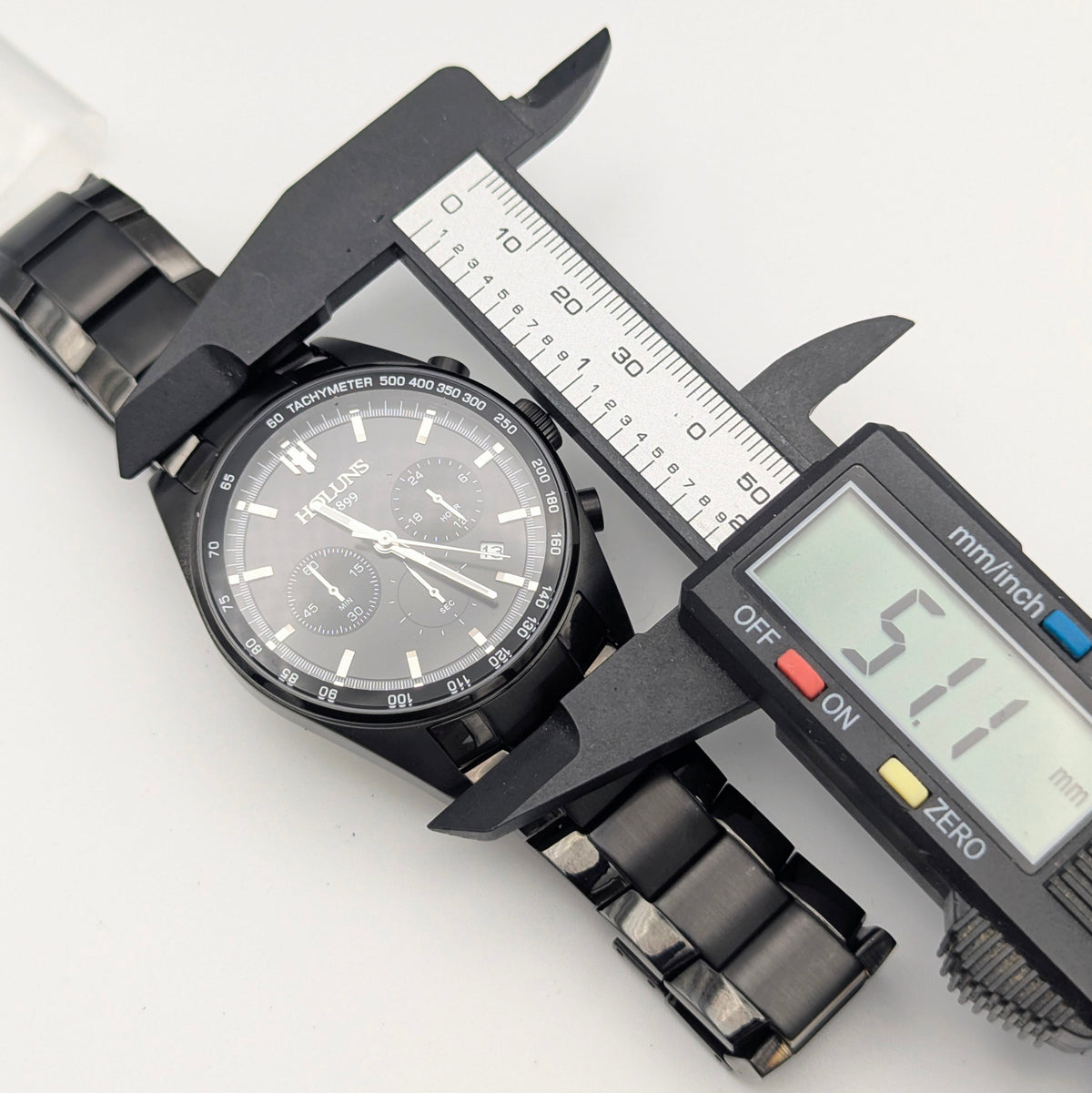 Holuns Men's Chronograph Watch — 51mm Black PVD, Grey Dial, Tachymeter, Boxed with Spare Links - Bezel & Hide
