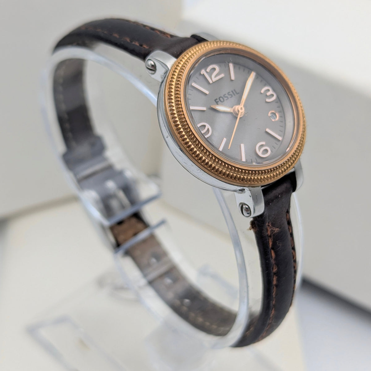 Fossil ES3138 Virginia Ladies' Watch — Rose Gold-Tone Bezel, Grey Dial, Brown Leather Strap - Bezel & Hide