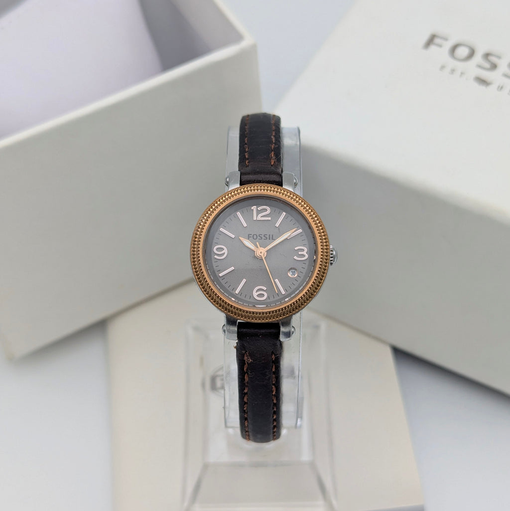 Fossil ES3138 Virginia Ladies' Watch — Rose Gold-Tone Bezel, Grey Dial, Brown Leather Strap - Bezel & Hide