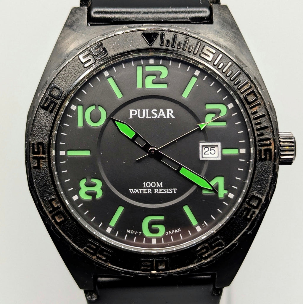 Pulsar YA12-X128 Sport Men's Watch — Black, Green Dial, 45mm, 100m - Bezel & Hide