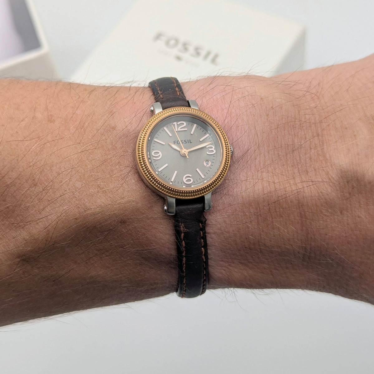 Fossil ES3138 Virginia Ladies' Watch — Rose Gold-Tone Bezel, Grey Dial, Brown Leather Strap - Bezel & Hide
