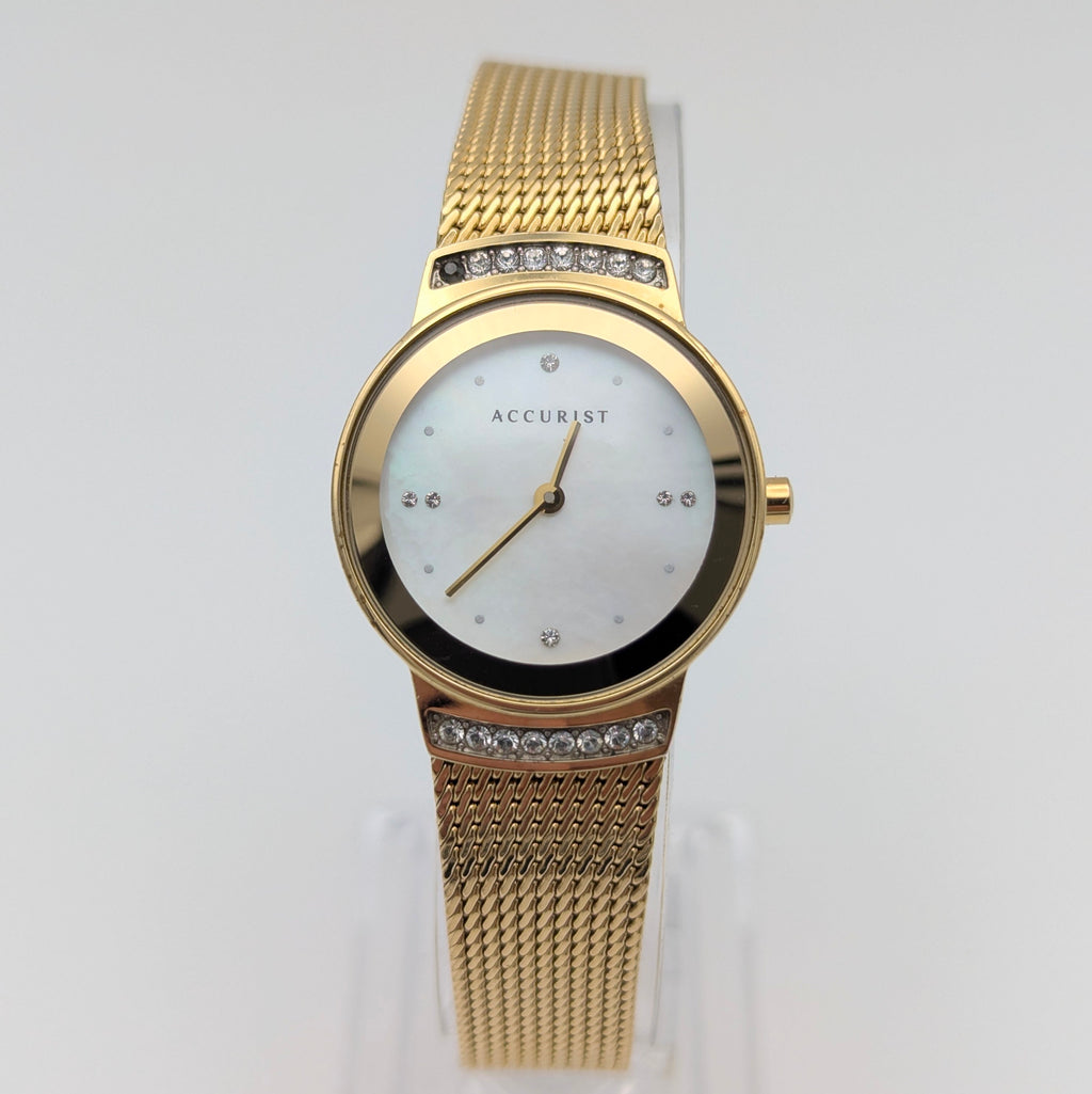 Accurist Ladies Gold-Tone Mesh Watch — Mother-of-Pearl Dial, Crystal-Set Lugs, Sold Naked - Bezel & Hide
