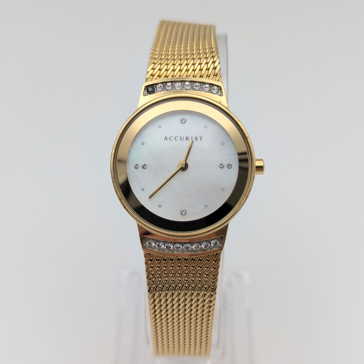 Accurist Ladies Gold-Tone Mesh Watch — Mother-of-Pearl Dial, Crystal-Set Lugs, Sold Naked - Bezel & Hide