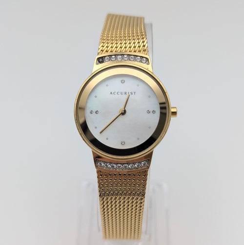 Accurist Ladies Gold-Tone Mesh Watch — Mother-of-Pearl Dial, Crystal-Set Lugs, Sold Naked - Bezel & Hide