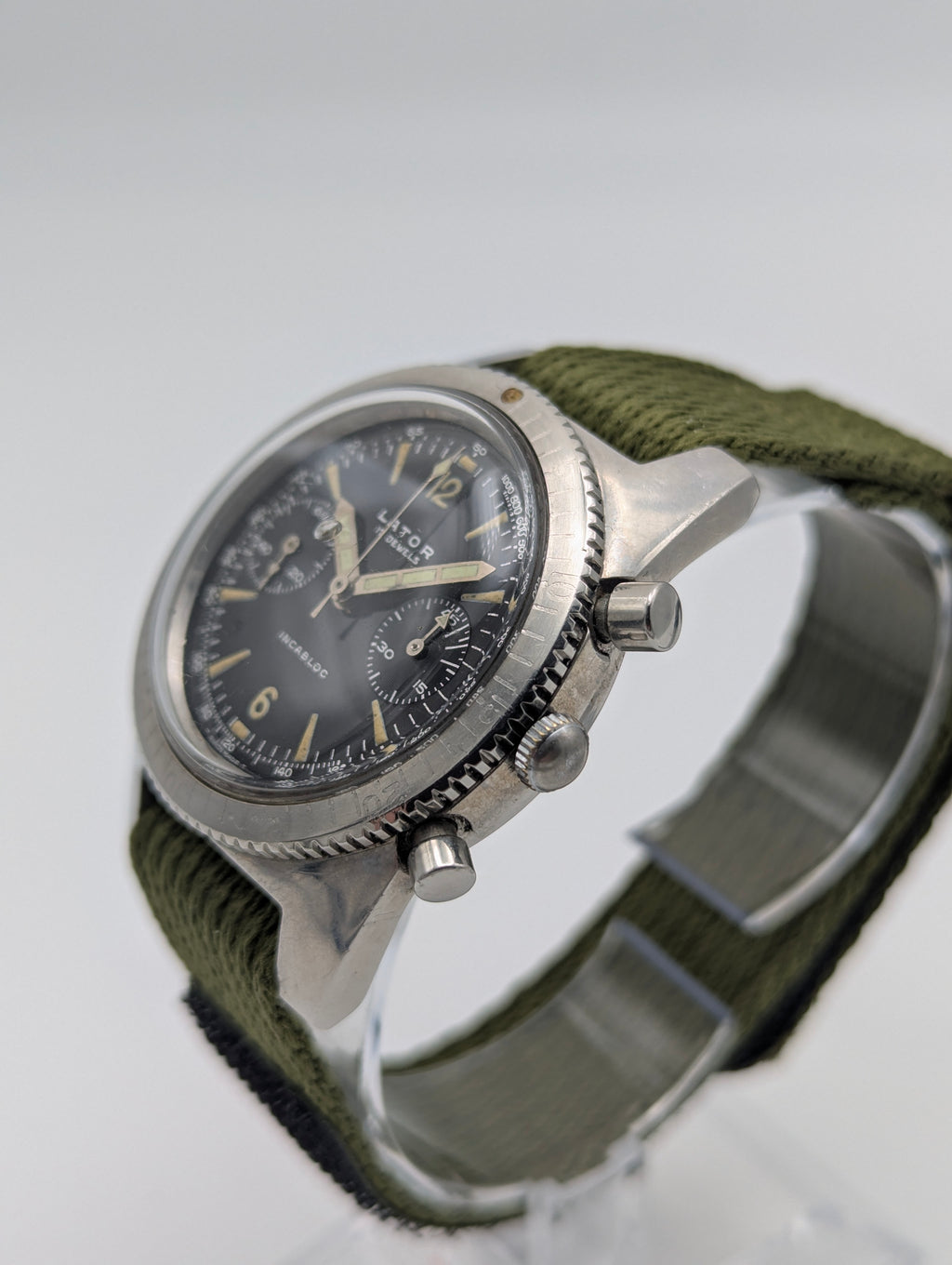 Lator Landeron Manual-Wind Chronograph | Black Dial & Olive Green Strap