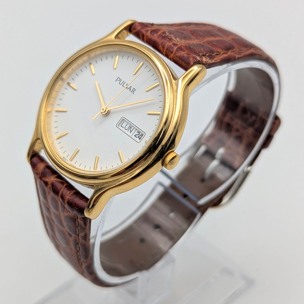 Pulsar Day-Date Dress Watch — Gold-Tone, White Dial, Sold Naked - Bezel & Hide
