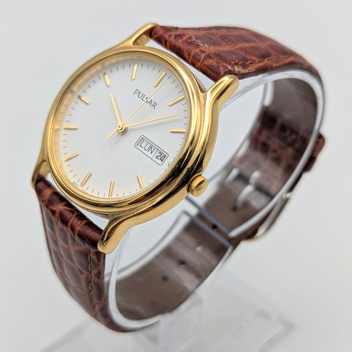 Pulsar Day-Date Dress Watch — Gold-Tone, White Dial, Sold Naked - Bezel & Hide