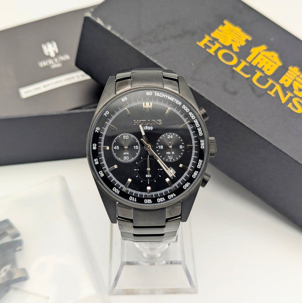 Holuns Men's Chronograph Watch — 51mm Black PVD, Grey Dial, Tachymeter, Boxed with Spare Links - Bezel & Hide