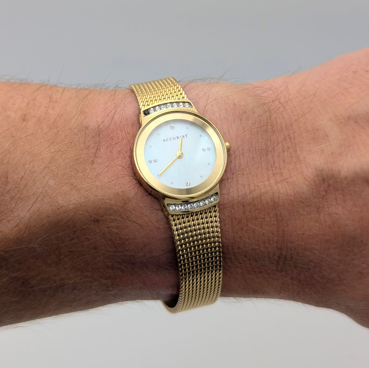 Accurist Ladies Gold-Tone Mesh Watch — Mother-of-Pearl Dial, Crystal-Set Lugs, Sold Naked - Bezel & Hide
