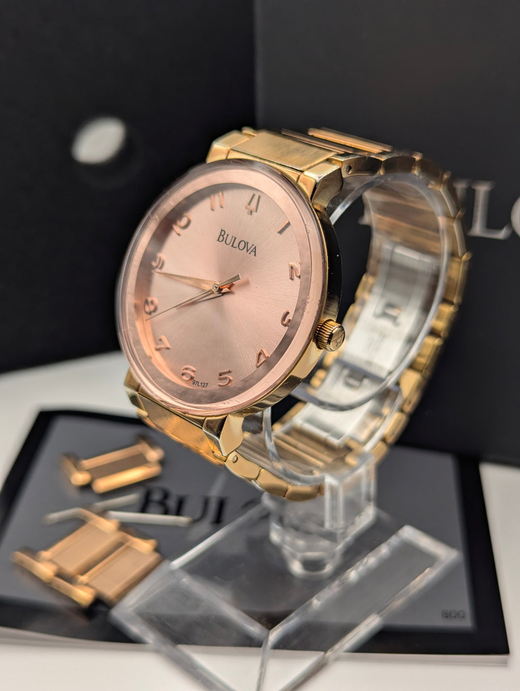 Bulova 97L127 Women's Pink Sunburst Dial Watch, Gold-Tone Bracelet, Boxed - Bezel & Hide