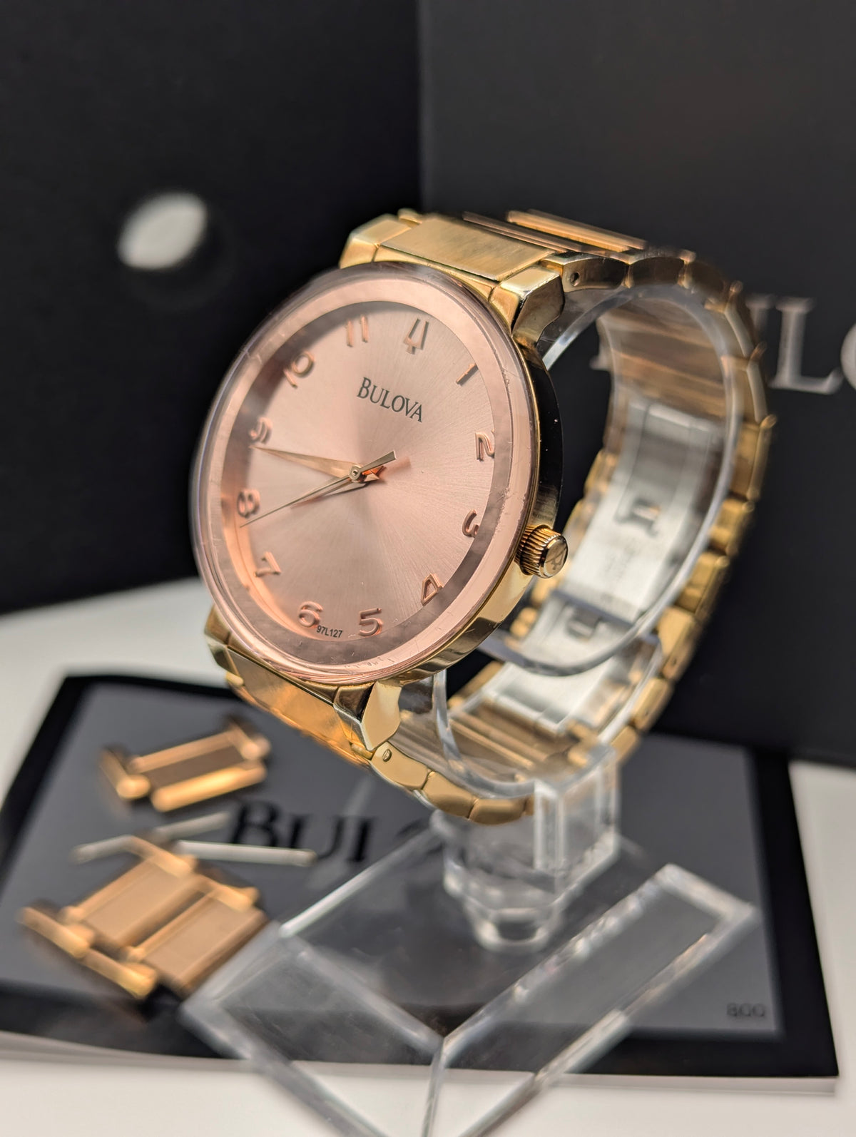 Bulova 97L127 Women's Pink Sunburst Dial Watch, Gold-Tone Bracelet, Boxed - Bezel & Hide