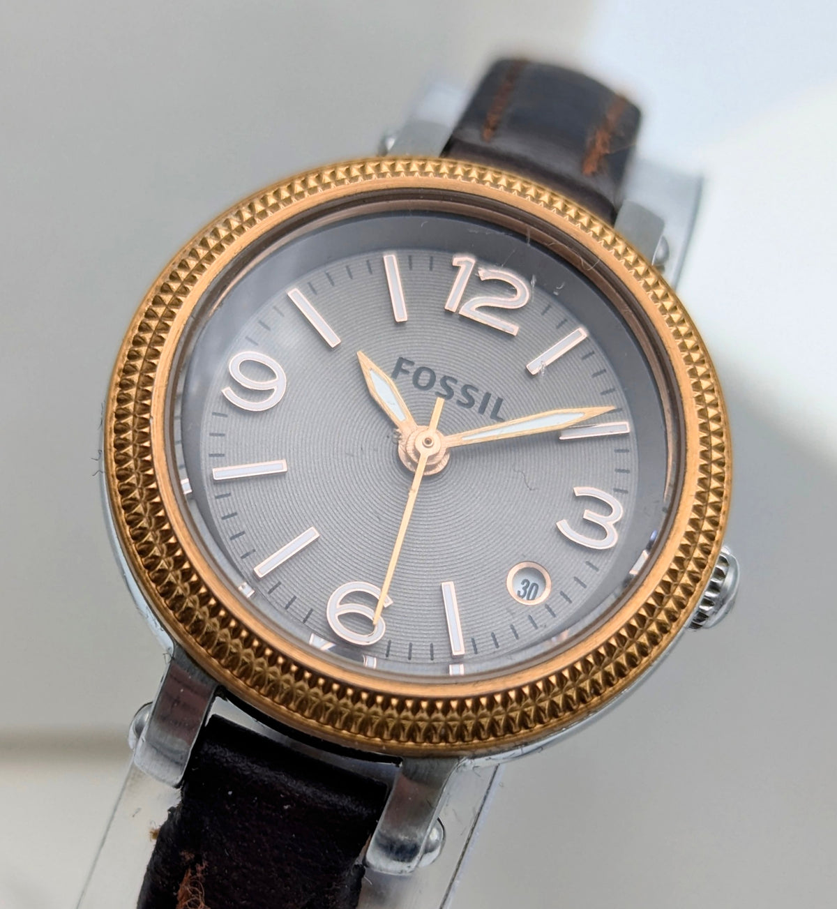 Fossil ES3138 Virginia Ladies' Watch — Rose Gold-Tone Bezel, Grey Dial, Brown Leather Strap - Bezel & Hide