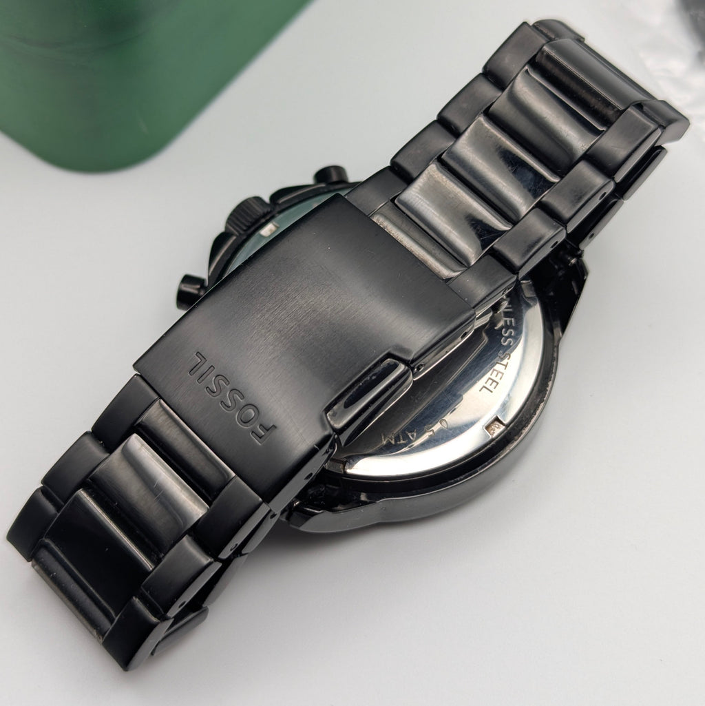 Fossil BQ2184 Quartz Chronograph — Black Dial, Gunmetal-Tone Bracelet, Tin & Spare Links - Bezel & Hide