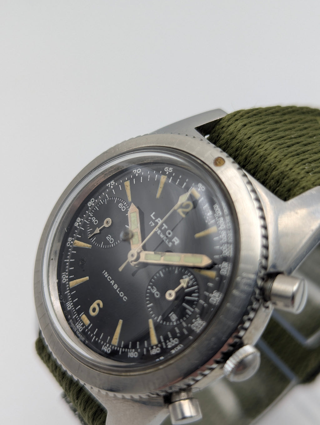 Lator Landeron Manual-Wind Chronograph | Black Dial & Olive Green Strap