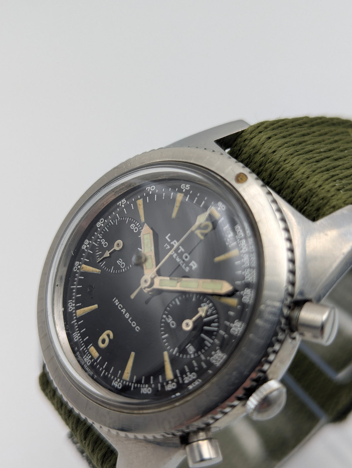 Lator Landeron Manual-Wind Chronograph | Black Dial & Olive Green Strap