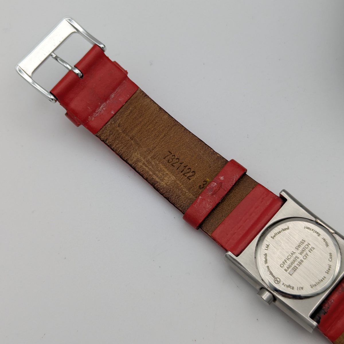Mondaine Official Swiss Railways Watch L 30 388 OT 7S — Cushion Square, White Dial, Red Leather Strap - Bezel & Hide