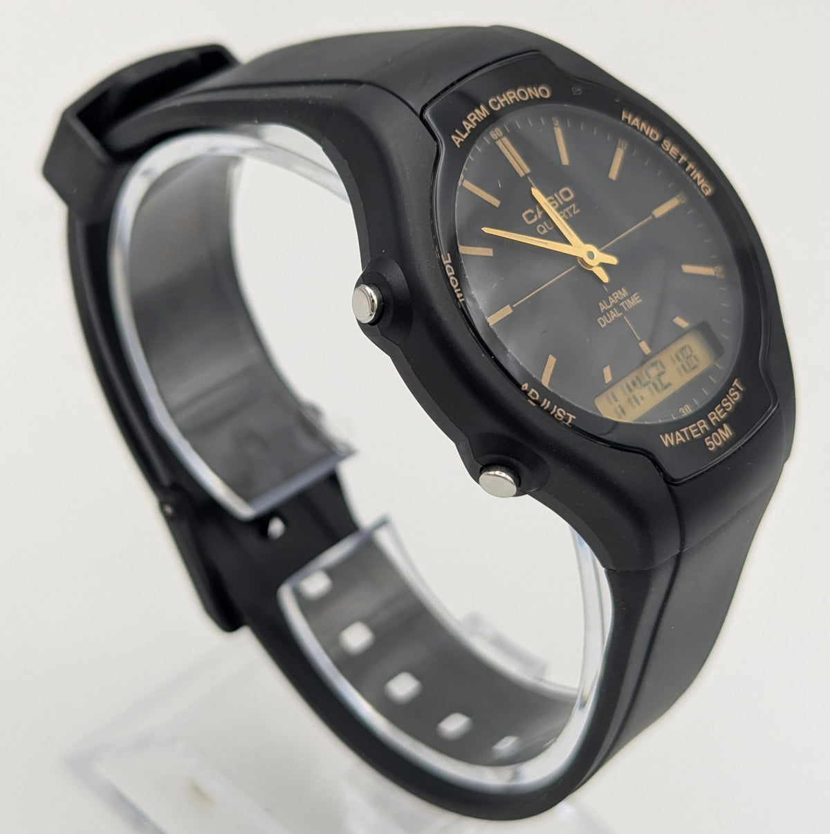 Casio AMW-90H Ana-Digi Watch — Black Resin, Gold Dial, Dual Time, Alarm, Sold Naked - Bezel & Hide