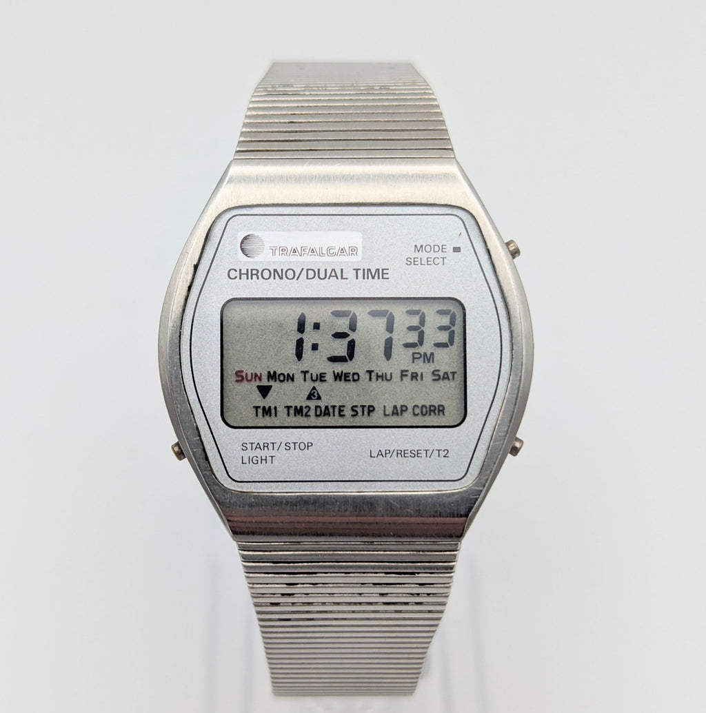 Trafalgar Chrono/Dual Time LCD Digital Watch — Vintage 1980s Silver-Tone on Integrated Bracelet, Sold Naked - Bezel & Hide