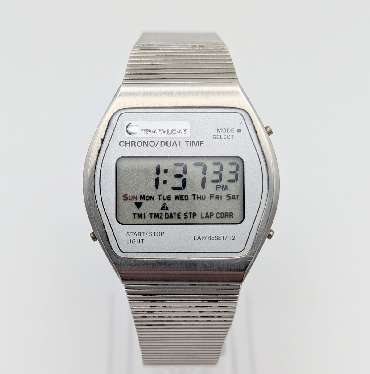Trafalgar Chrono/Dual Time LCD Digital Watch — Vintage 1980s Silver-Tone on Integrated Bracelet, Sold Naked - Bezel & Hide