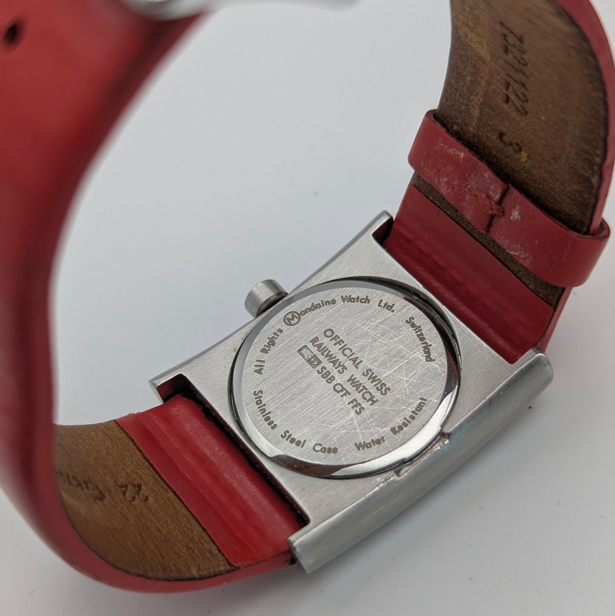 Mondaine Official Swiss Railways Watch L 30 388 OT 7S — Cushion Square, White Dial, Red Leather Strap - Bezel & Hide